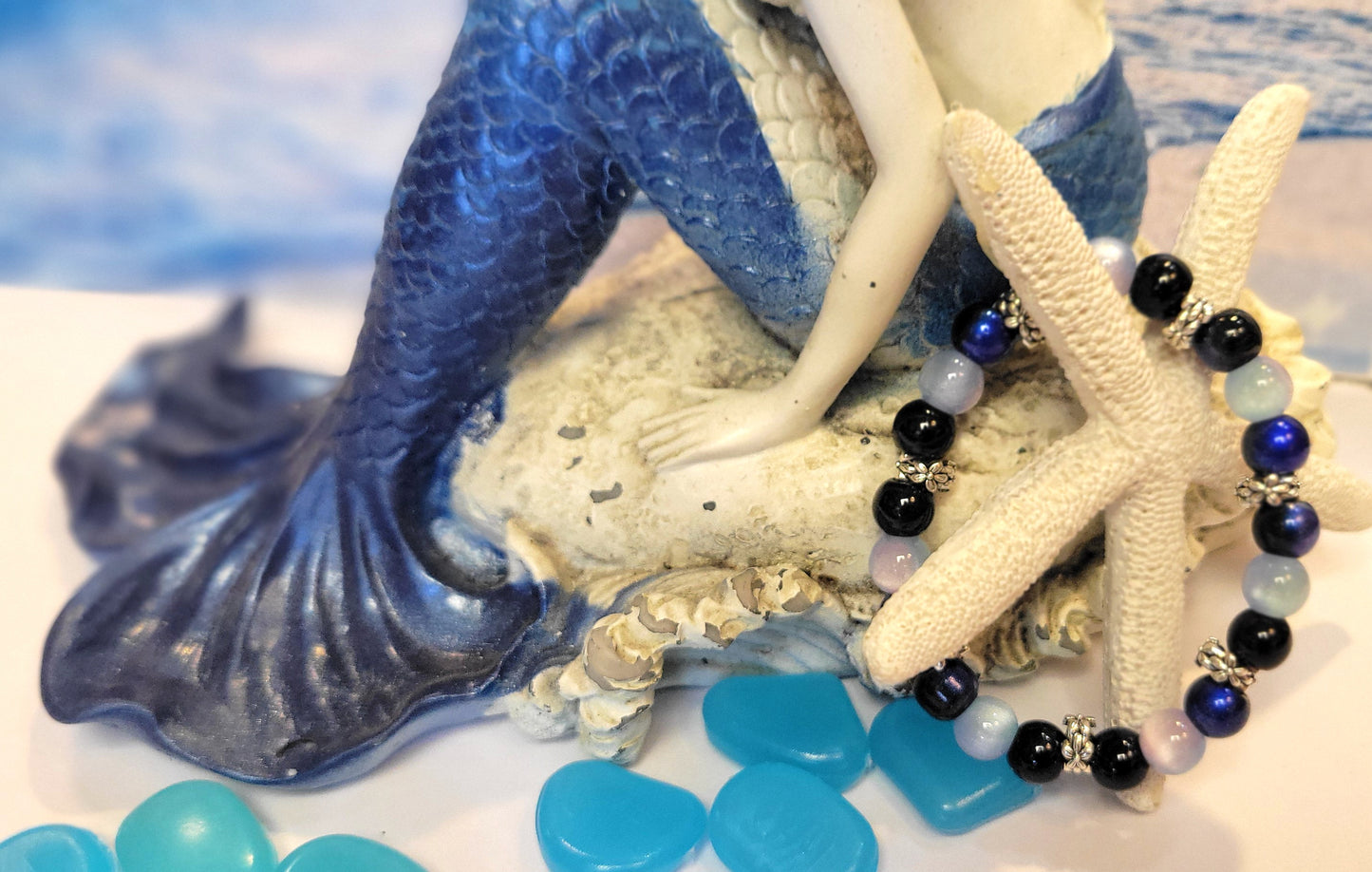 Siren's Song Deep Sea Purple Bracelet - Hand-strung with frosted lavender, midnight black, and cobalt glass beads with ornate silver spacers