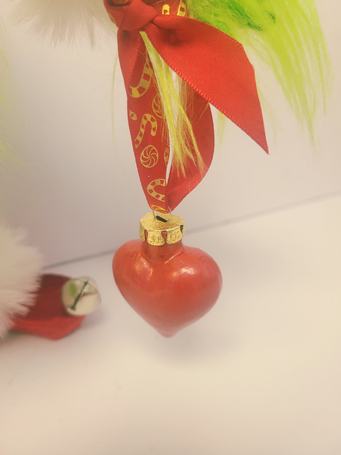 Grinch Santa Gnome, 18.5" Holiday Decor, Luxury Velvet & Faux Fur with Hand-Painted Heart Ornament