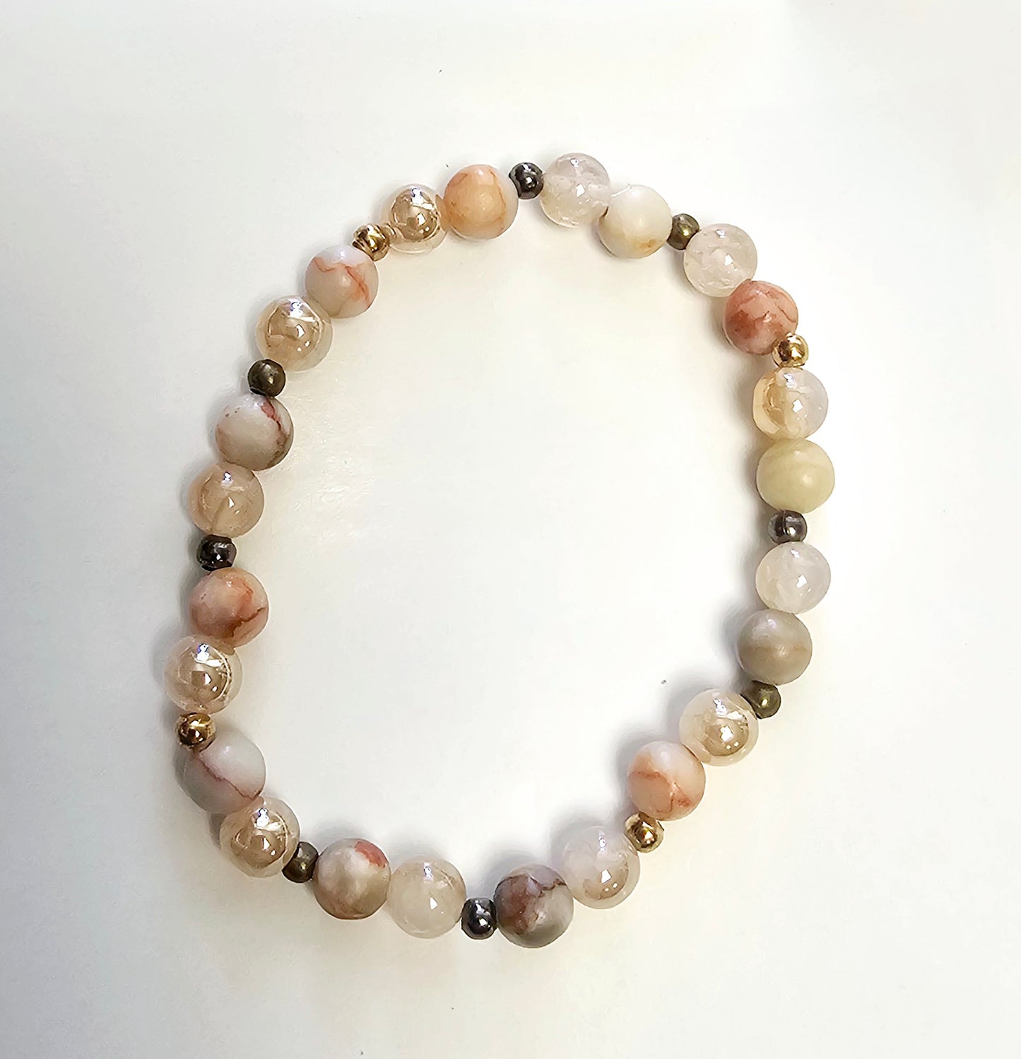 Natural 6mm Champagne & Snowflake Agate 6.5" Beaded Stretch Bracelet
