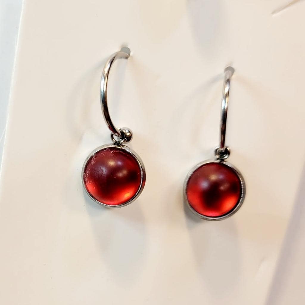 Red Crystal Sea Glass Rhinestone Dangle Drop Hoop Earrings
