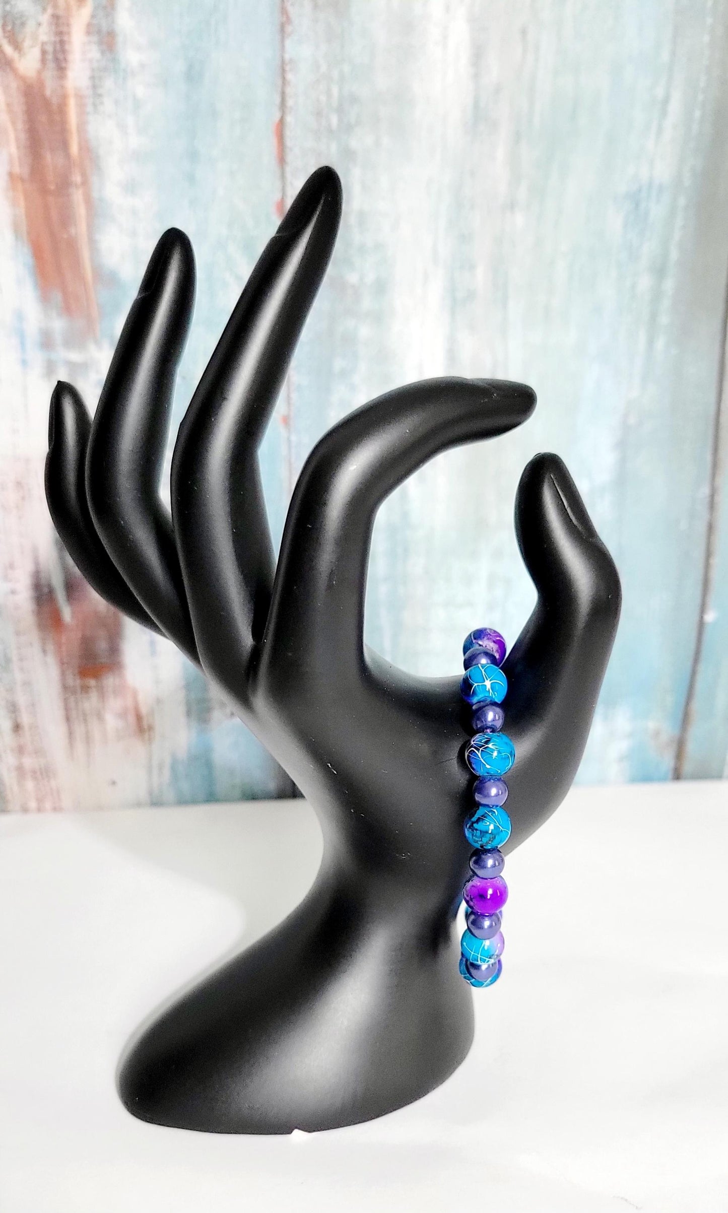 Hand crafted purple and blue acrylic bead and purple glass beaded bracelet
