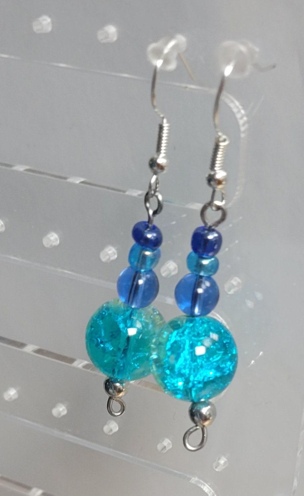 Glass bead dangle hook earrings in blues & greens