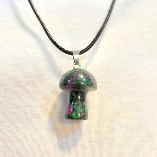 Natural Ruby Zoisite 1/2" Mushroom Crystal Pendant Necklace