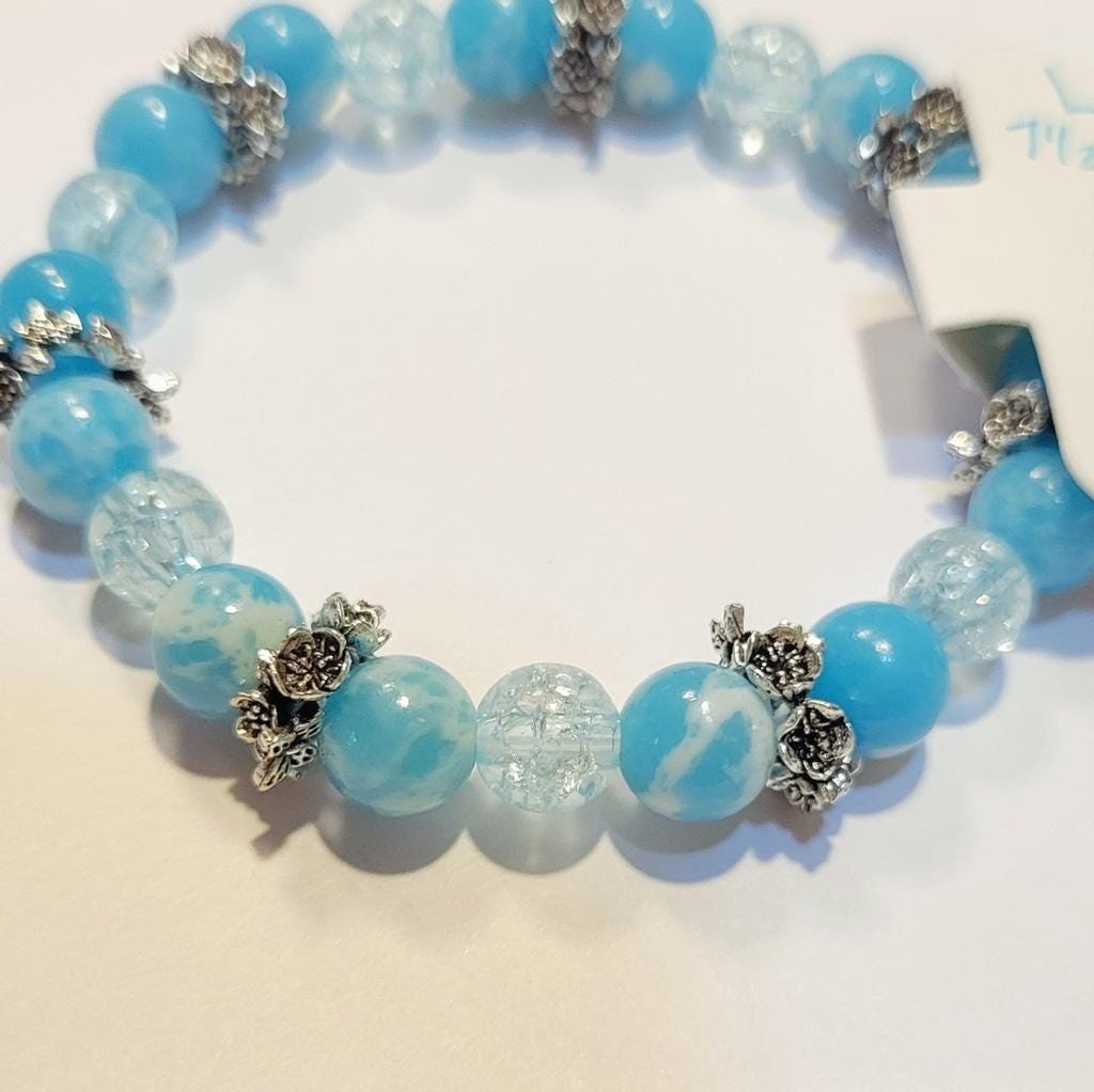 Rare Natural Crystal Larimar Beaded Bracelet 7.5"