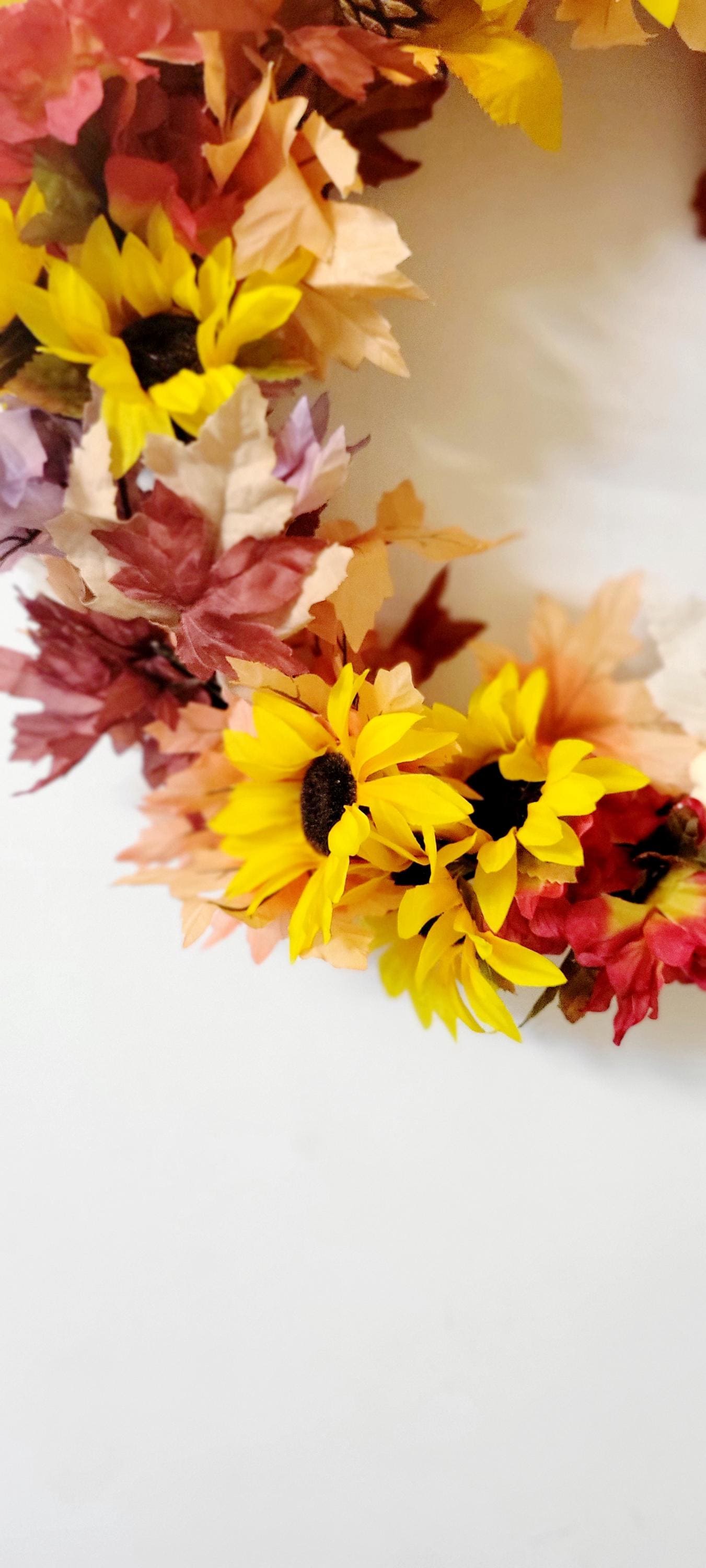 Hand Crafted Festive Fall Autumn Thanksgiving Wreath Door Hanging with Sunflowers and Pinecones