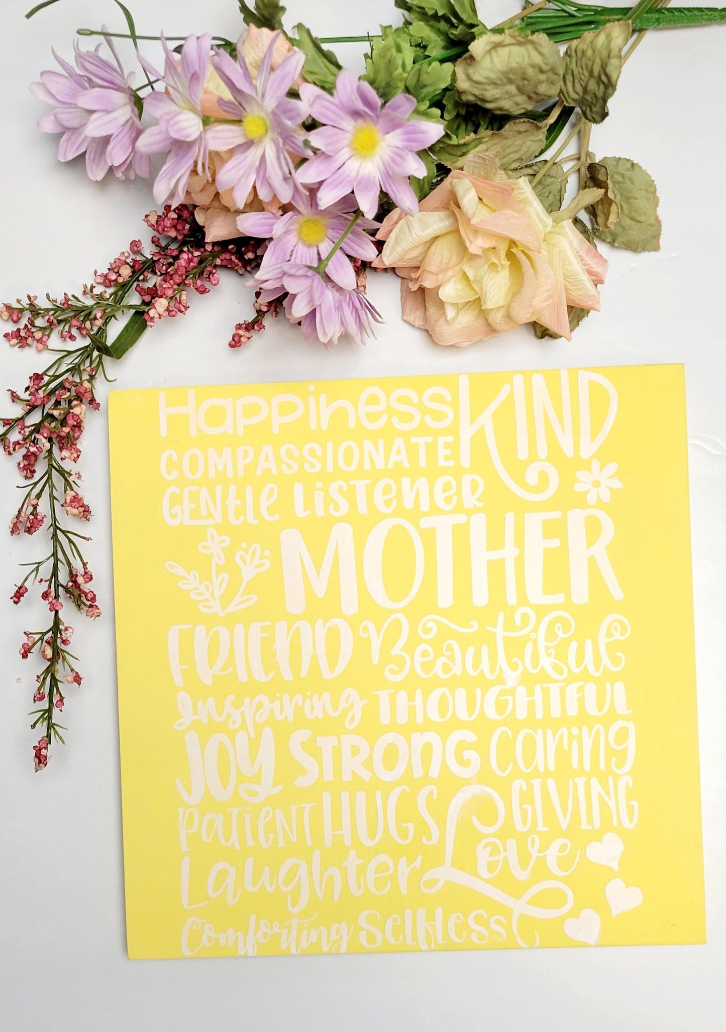 Handpainted Mother's Day Wood Sign: Cheerful Yellow Table Art