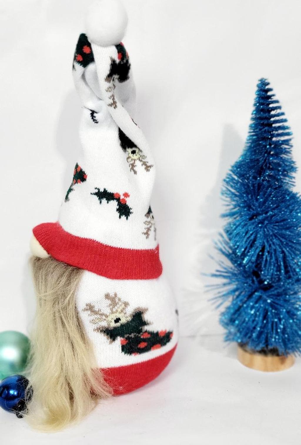 Hand crafted Christmas sock gnome with reindeer and mistletoe