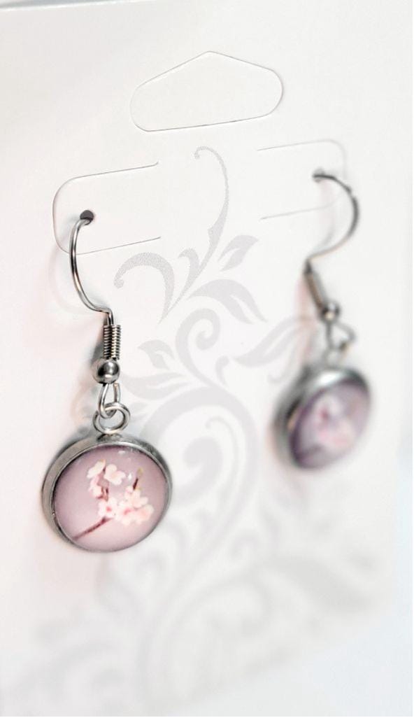 Cherry Blossom cabochon dangle drop earrings
