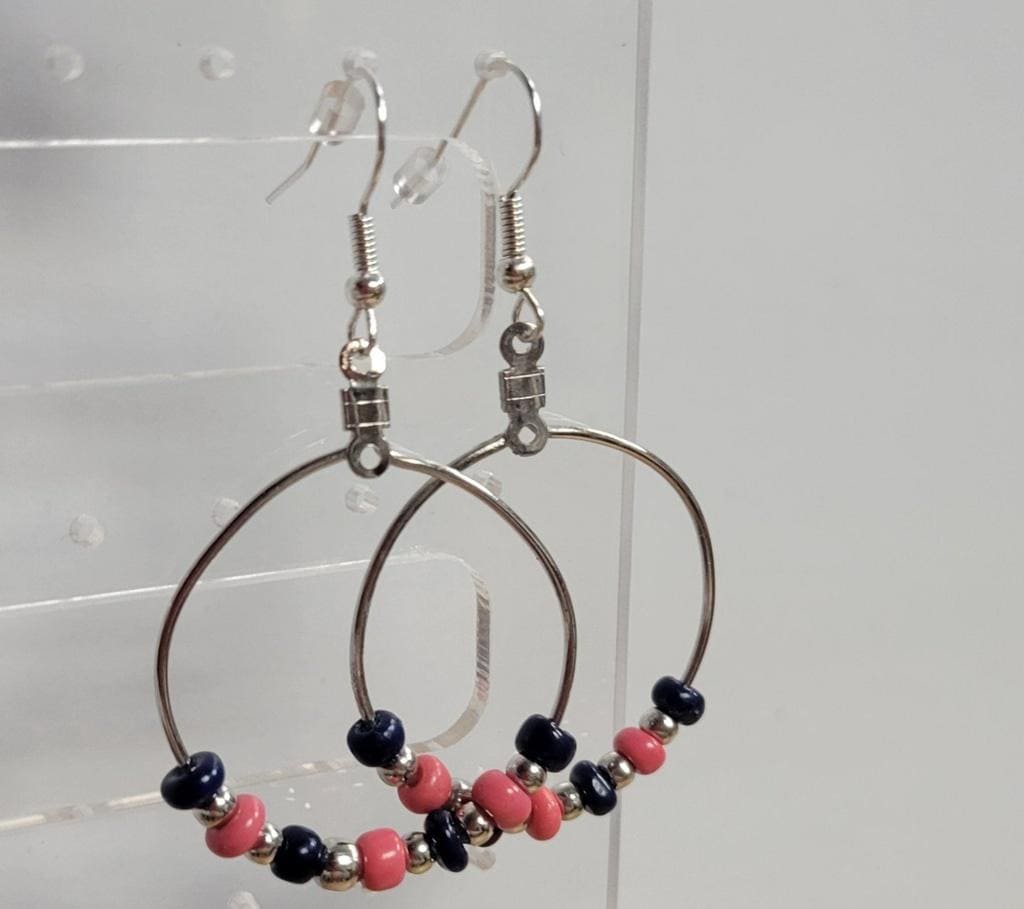 Handmade blue & pink glass bead hoop pierced earrings