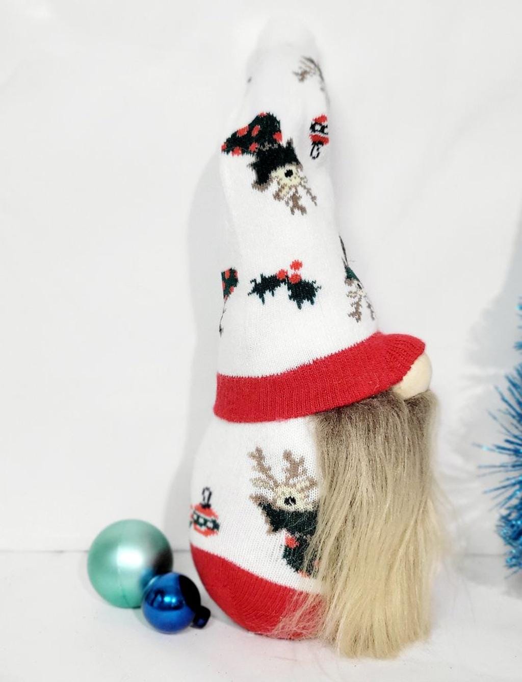 Hand crafted Christmas sock gnome with reindeer and mistletoe
