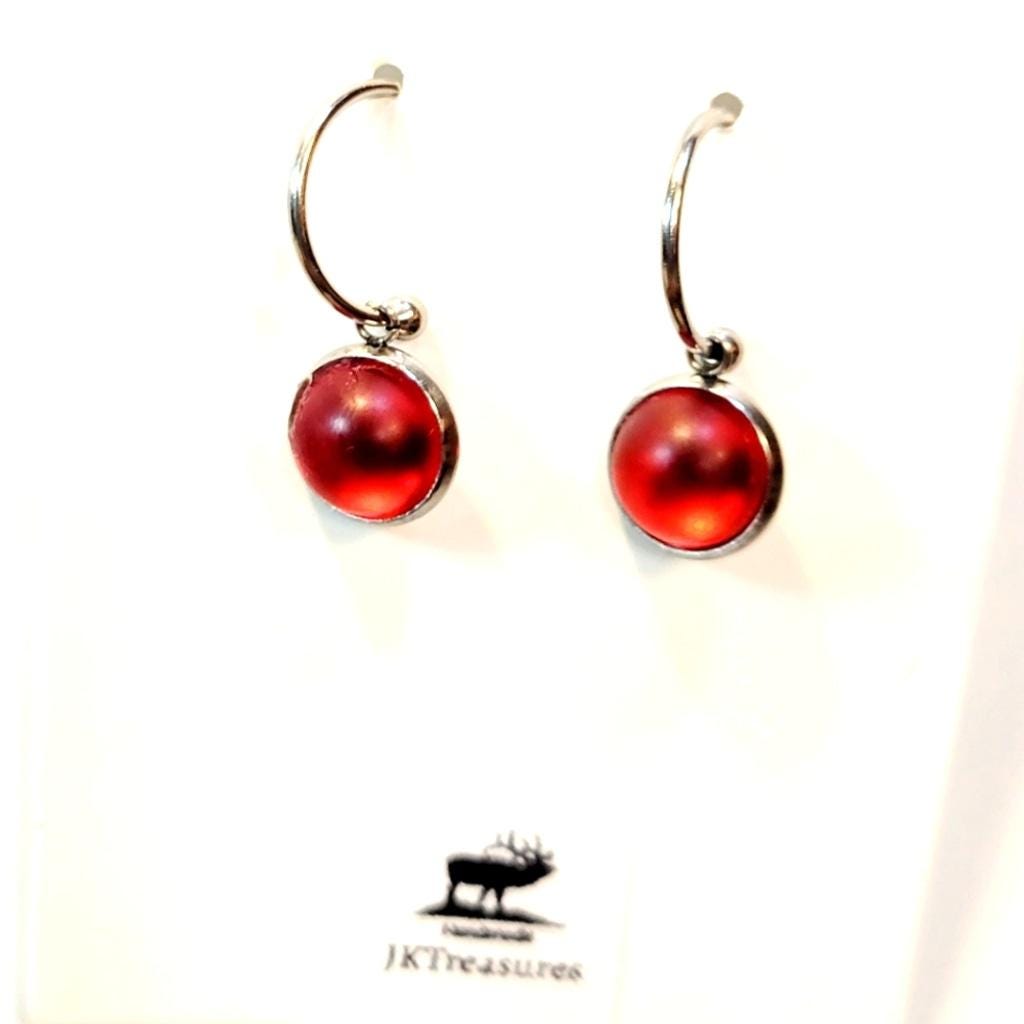 Red Crystal Sea Glass Rhinestone Dangle Drop Hoop Earrings