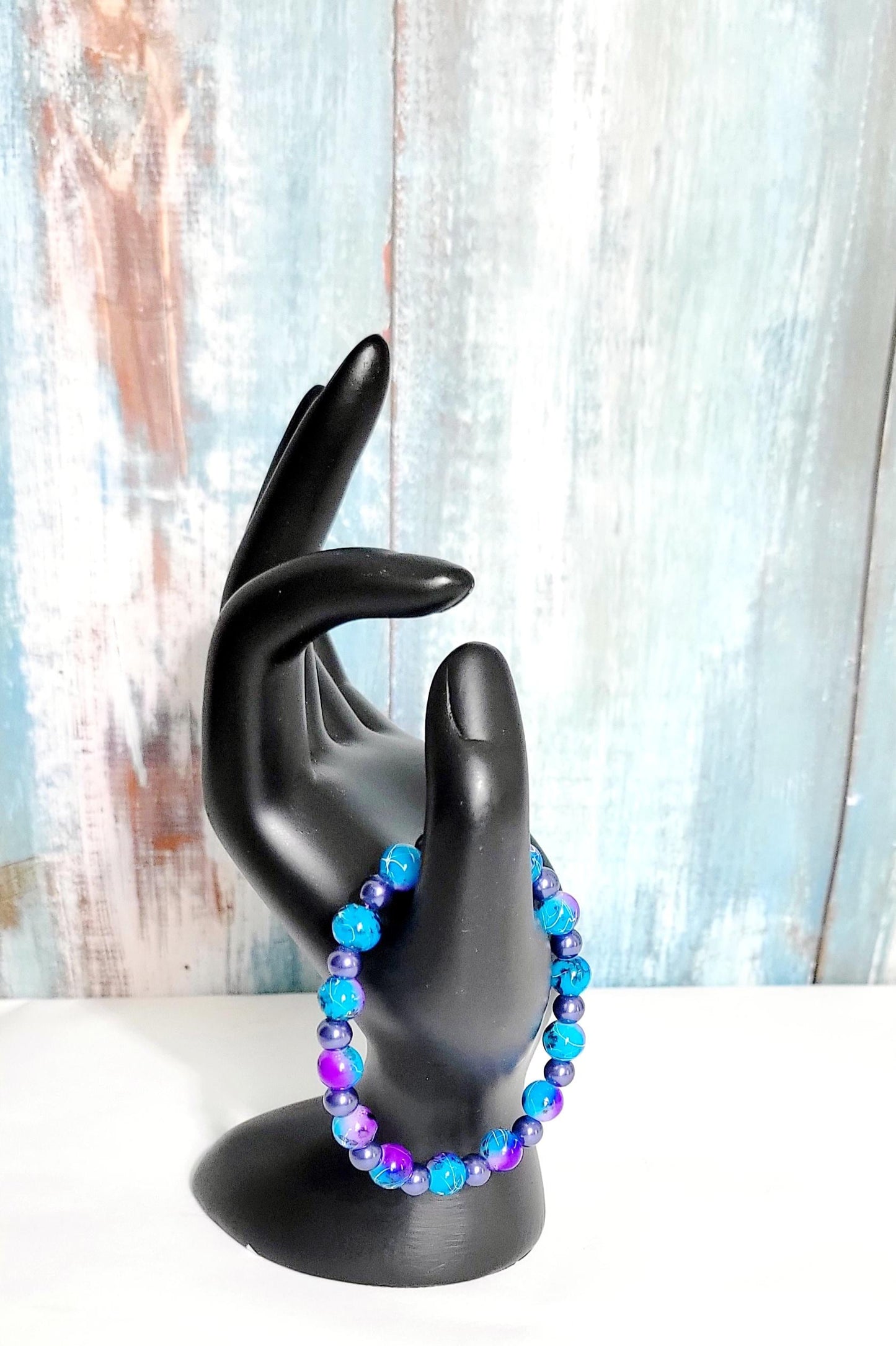 Hand crafted purple and blue acrylic bead and purple glass beaded bracelet