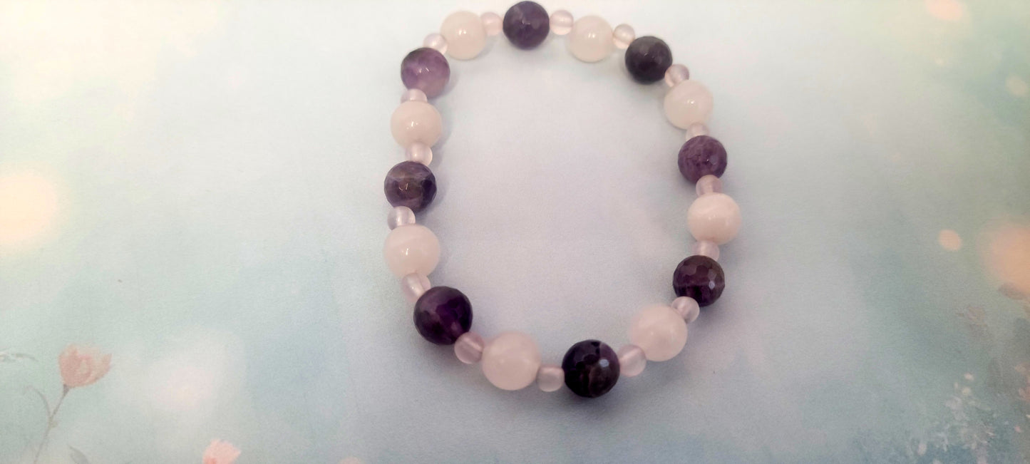 Artisanal Natural Amethyst Clear Quartz Rose Quartz Crystal Beaded Bracelet