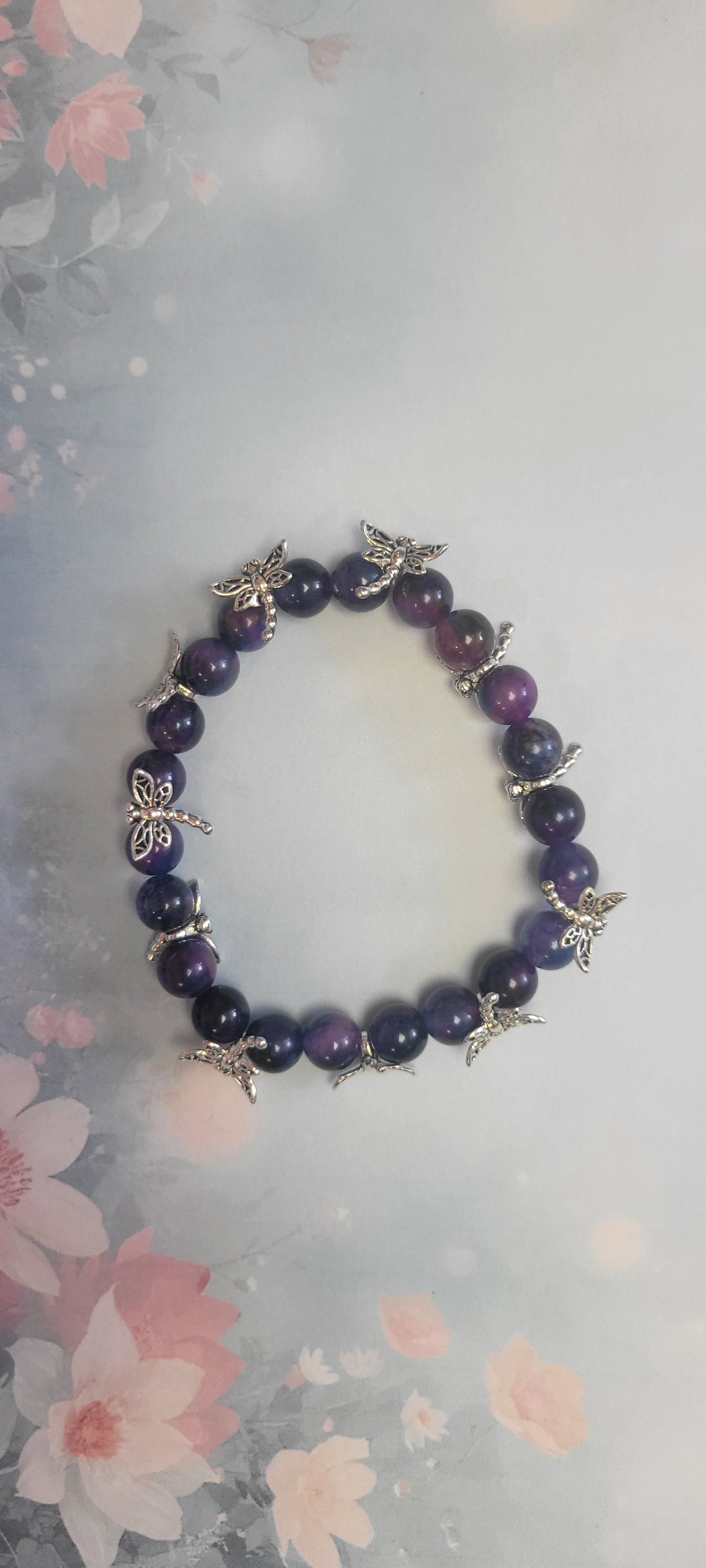 Natural Sugilite crystal silver dragonfly beaded bracelet 7.5"