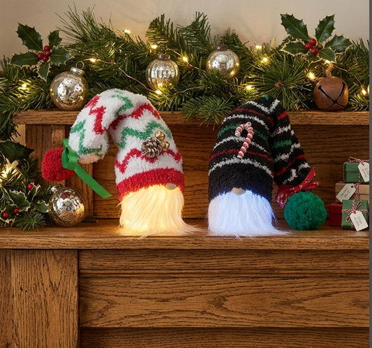 Handmade Light Up Christmas Gnome Shelf Sitter | LED Glowing Holiday Table Decor | Cozy Plush Sock Gnome with Wooden Feet