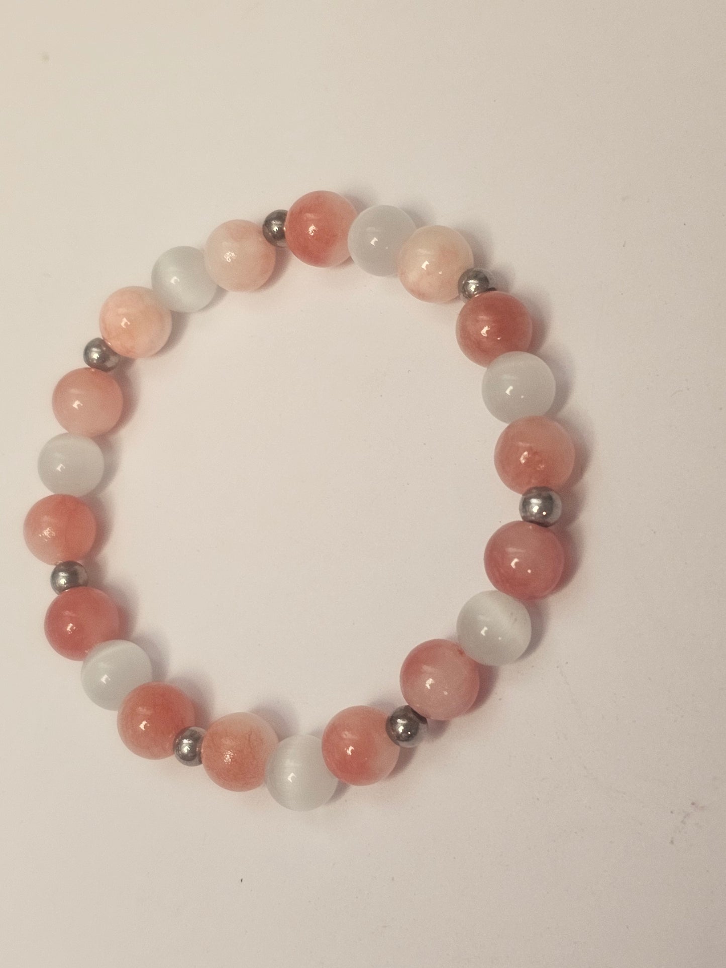 Persian Chalcedony Selenite Beaded Bracelet 6.5 Inch