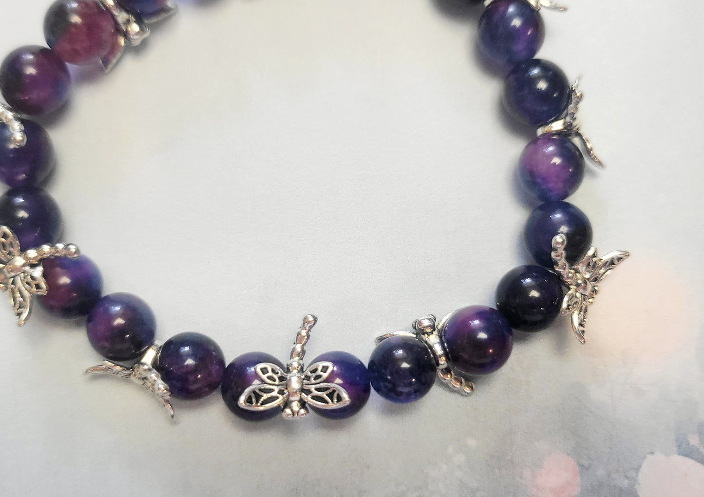 Natural Sugilite crystal silver dragonfly beaded bracelet 7.5"