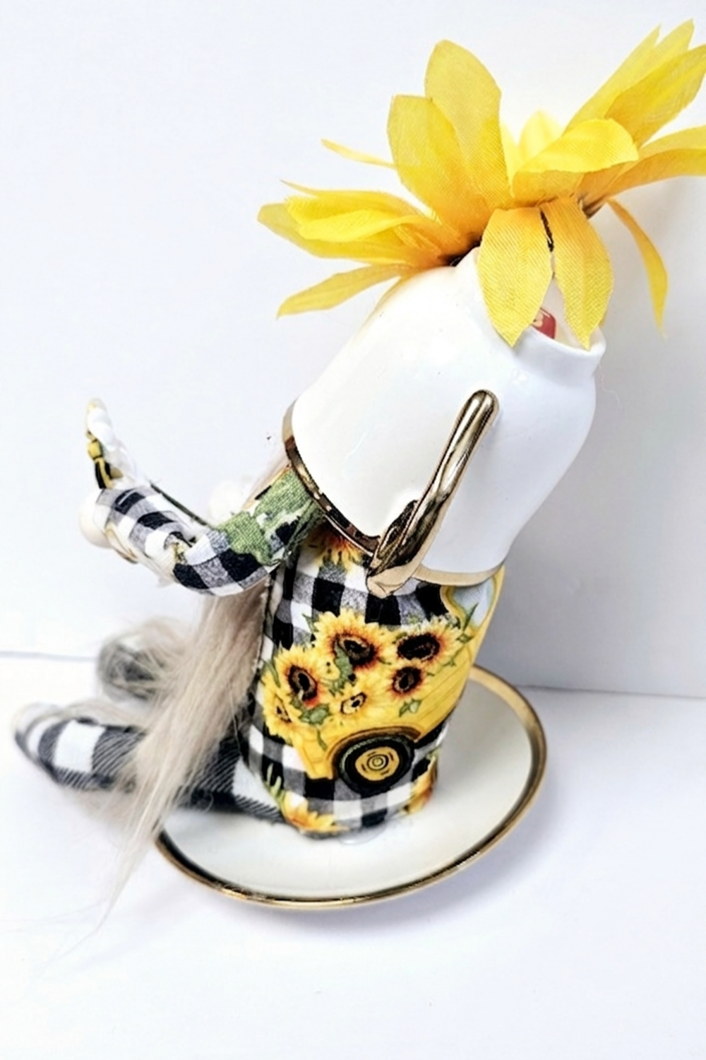 Sunflower Farmhouse Miniature Tea Cup Gnome | Shelf Sitter | Tiered Tray Decor