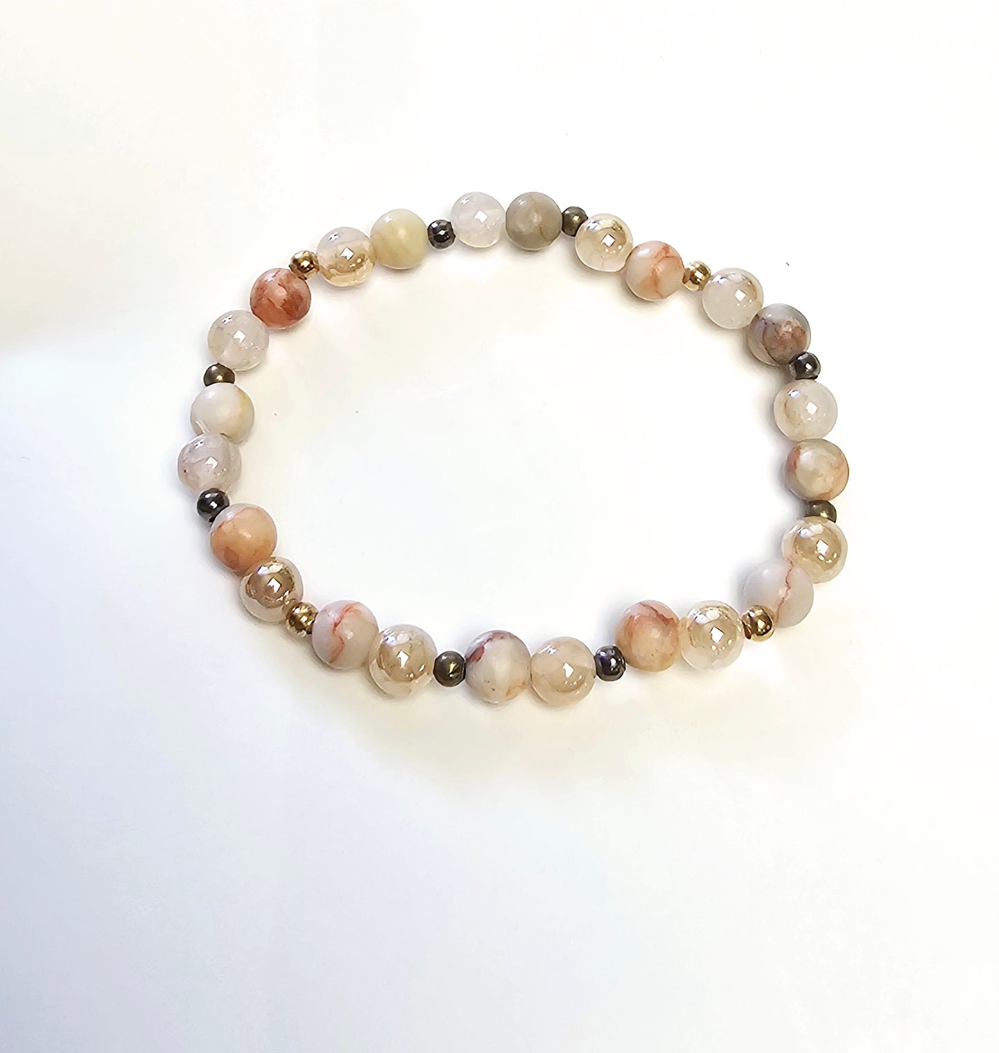 Natural 6mm Champagne & Snowflake Agate 6.5" Beaded Stretch Bracelet