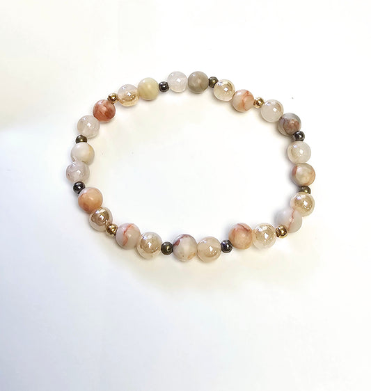Natural 6mm Champagne & Snowflake Agate 6.5" Beaded Stretch Bracelet