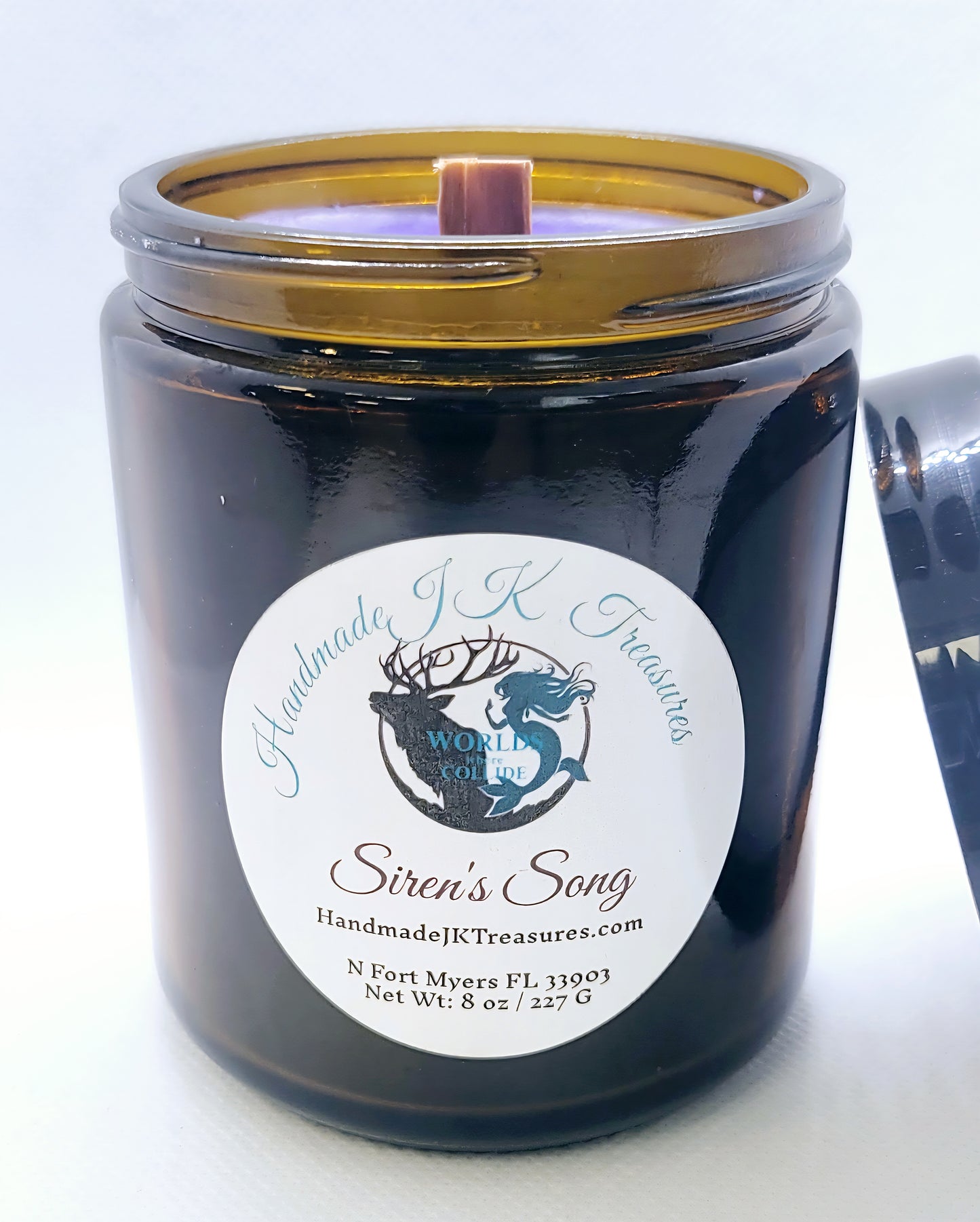 Artisan 8 oz Vegan Soy Candle with crackling wood wick| Exotic Florals & Deep Mist | Siren’s Song