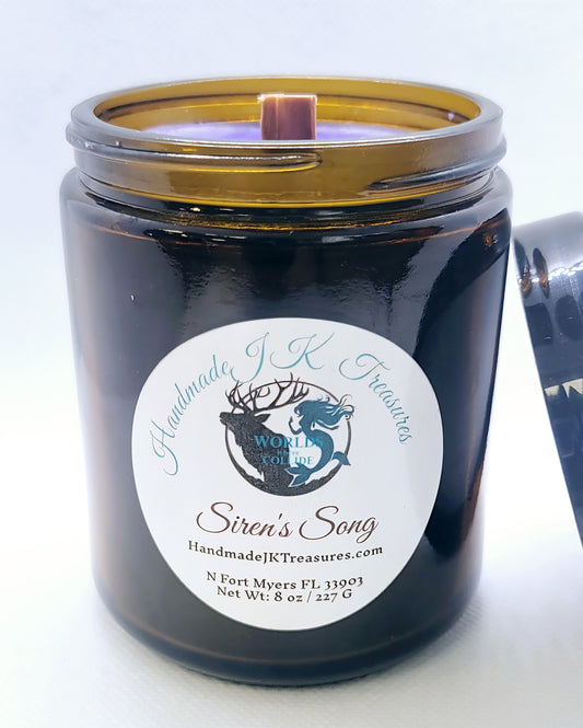 Artisan 8 oz Vegan Soy Candle with crackling wood wick| Exotic Florals & Deep Mist | Siren’s Song