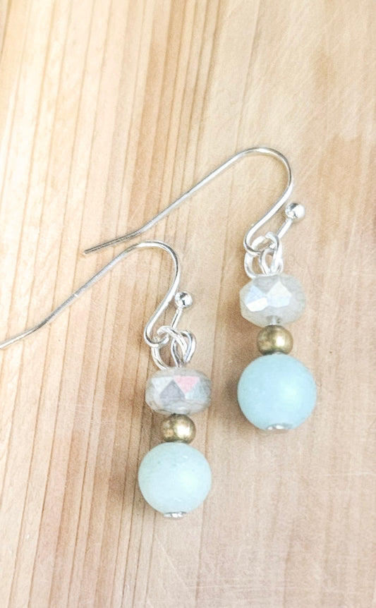 Genuine Amazonite & Faceted Glass Beaded Drop Earrings