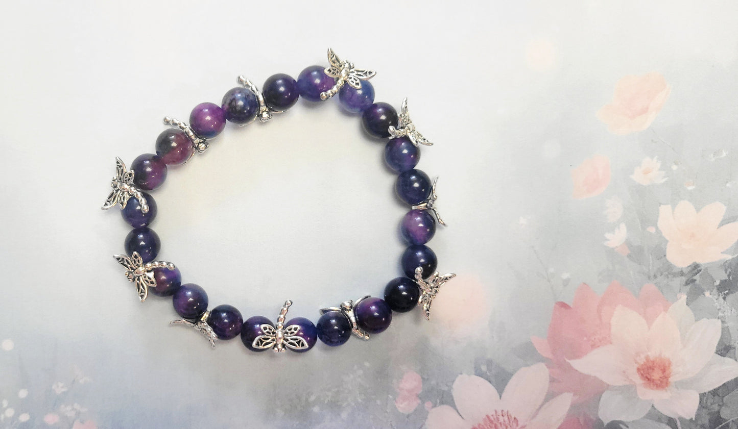Natural Sugilite crystal silver dragonfly beaded bracelet 7.5"