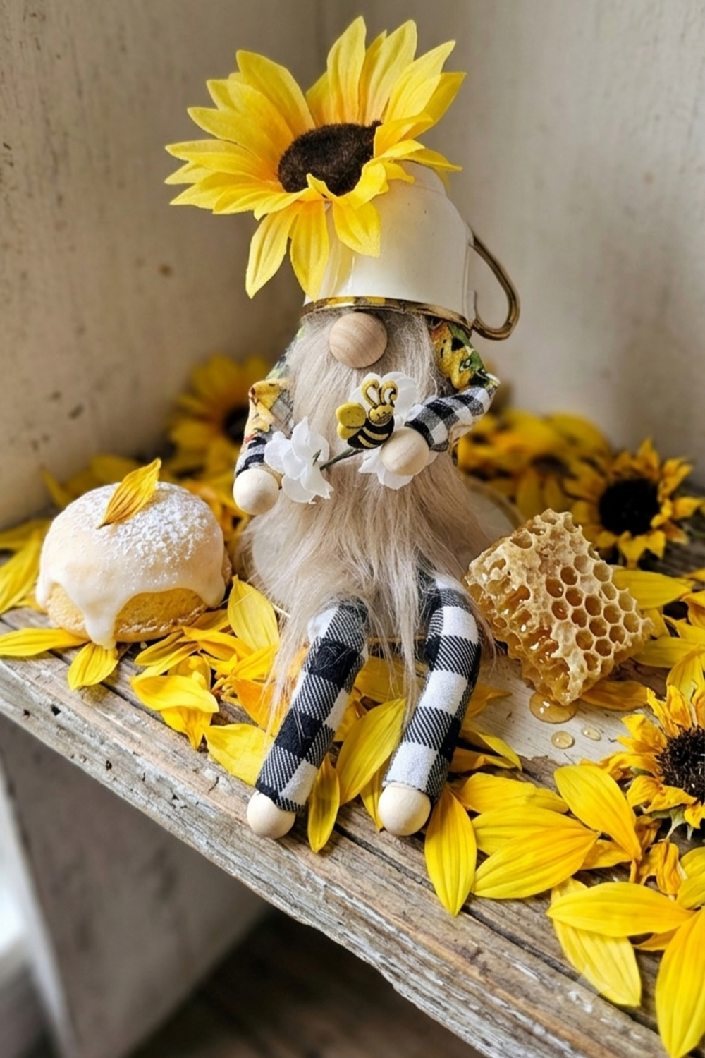 Sunflower Farmhouse Miniature Tea Cup Gnome | Shelf Sitter | Tiered Tray Decor