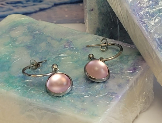 Pink Crystal Sea Glass Rhinestone Dangle Drop Hoop Earrings