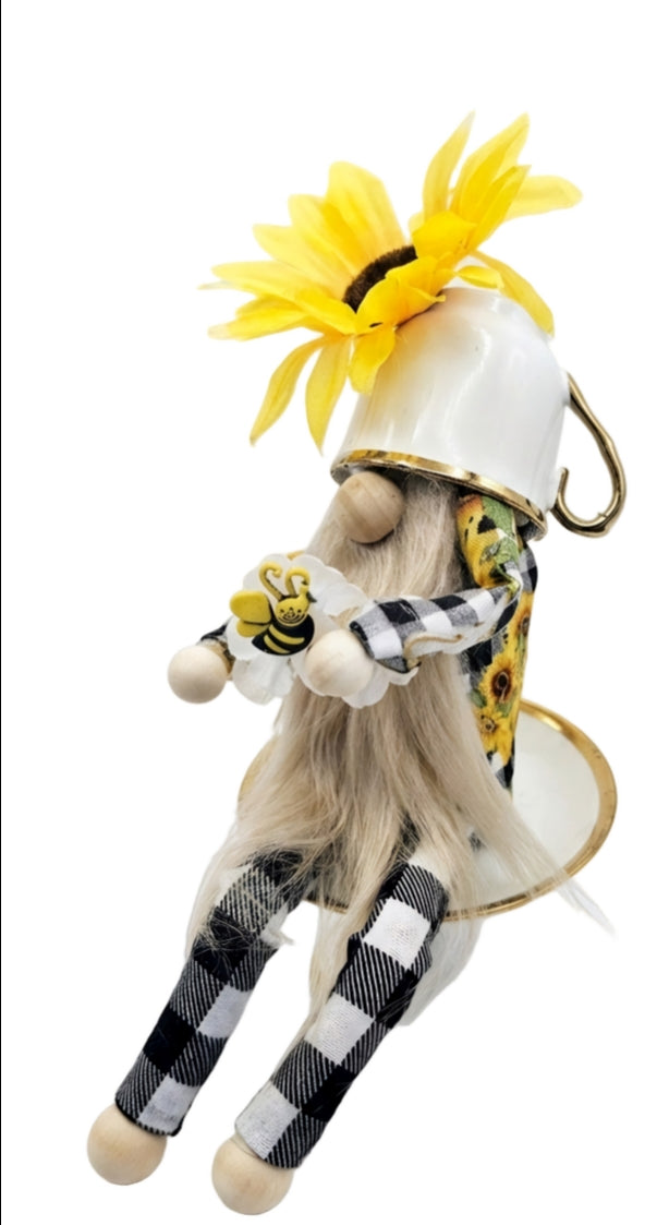 Sunflower Farmhouse Miniature Tea Cup Gnome | Shelf Sitter | Tiered Tray Decor