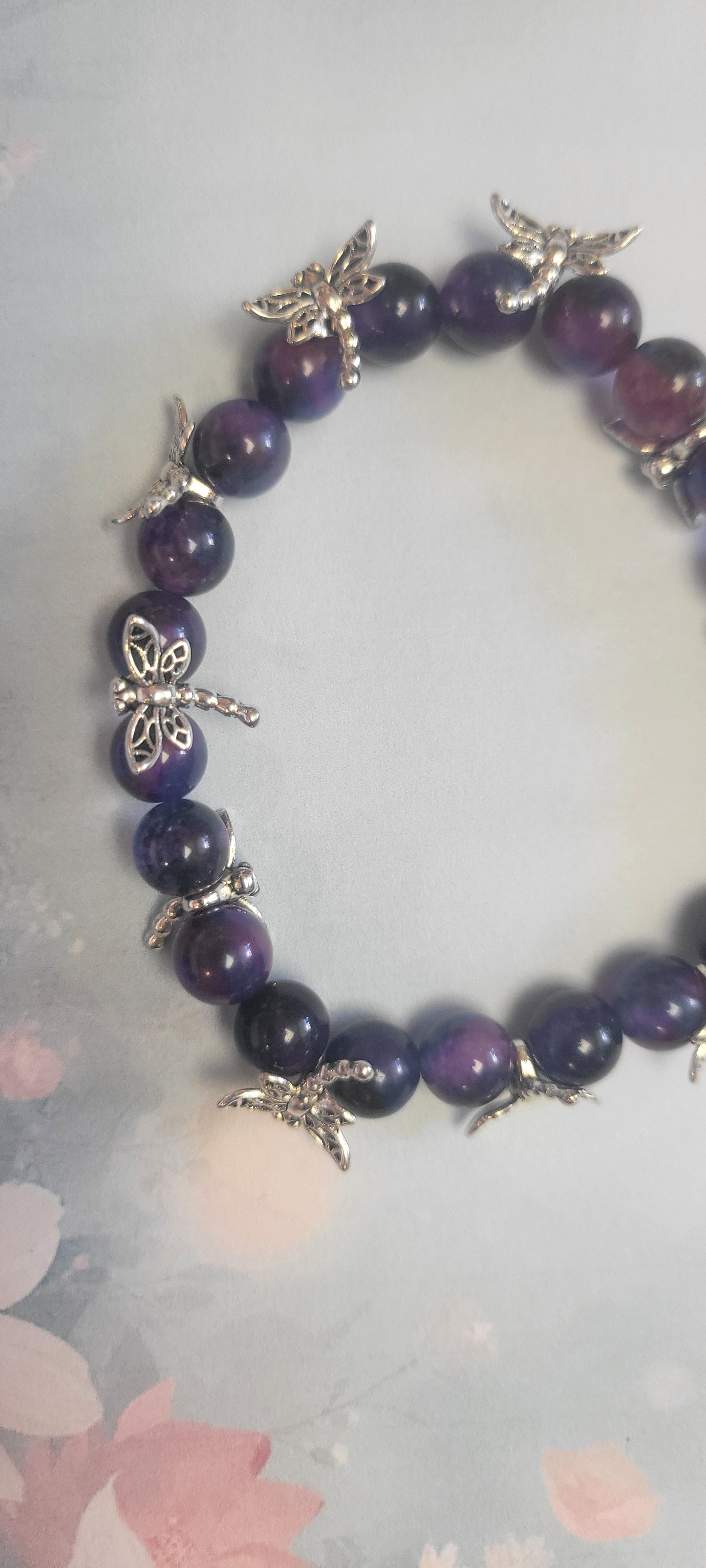 Natural Sugilite crystal silver dragonfly beaded bracelet 7.5"