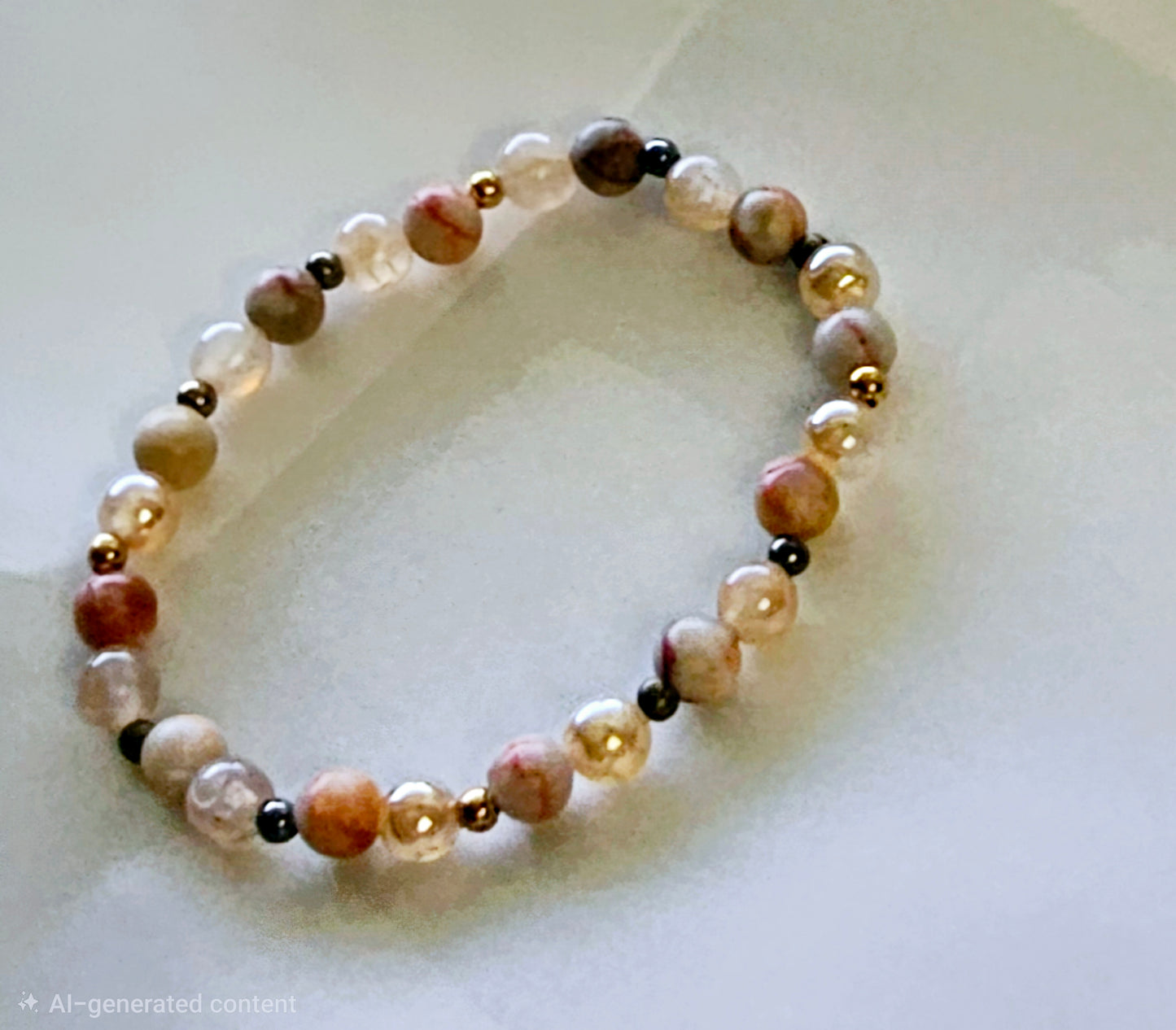 Natural 6mm Champagne & Snowflake Agate 6.5" Beaded Stretch Bracelet