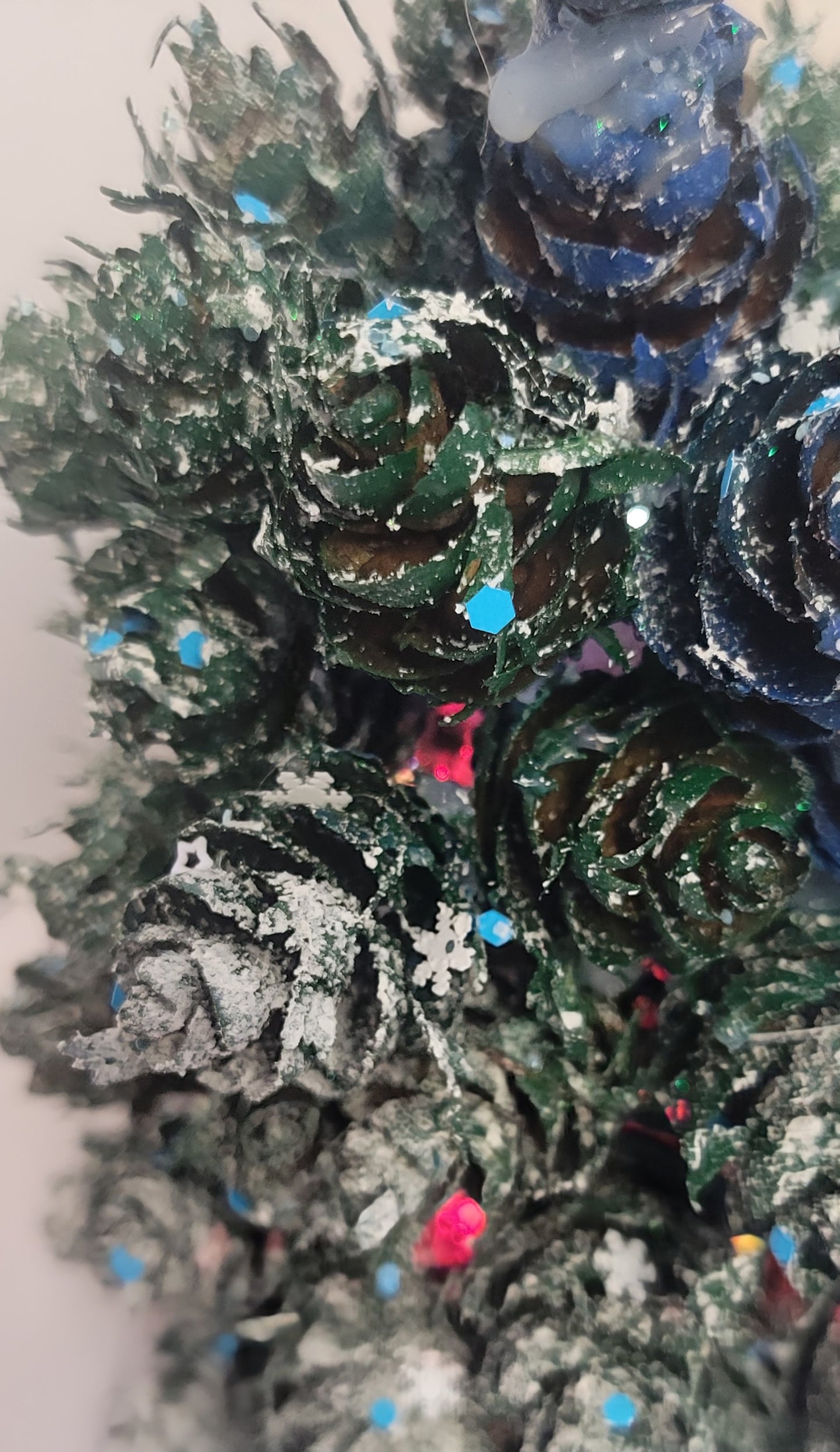 Artisan Pinecone Christmas Tree with Lights | Handpainted Frosted Indigo & Emerald Tabletop Decor | Unique Holiday Gift