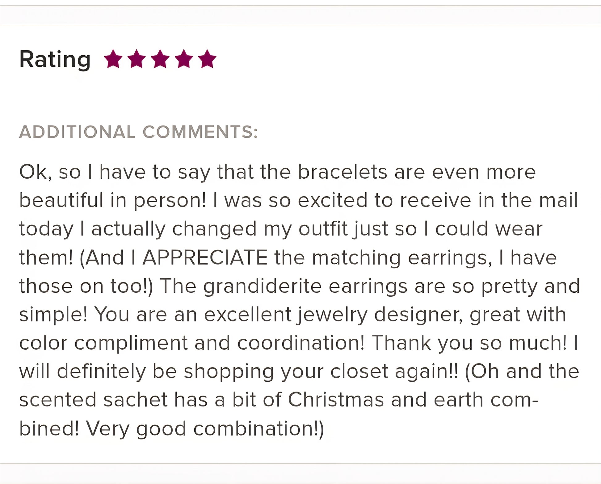 Handmade JK Treasures Product review with 5 star rating and text on a white background
