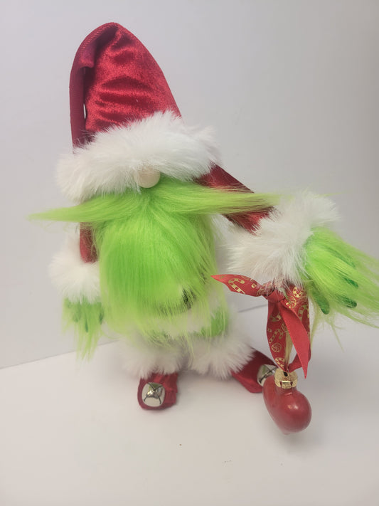 Grinch Santa Gnome, 18.5" Holiday Decor, Luxury Velvet & Faux Fur with Hand-Painted Heart Ornament