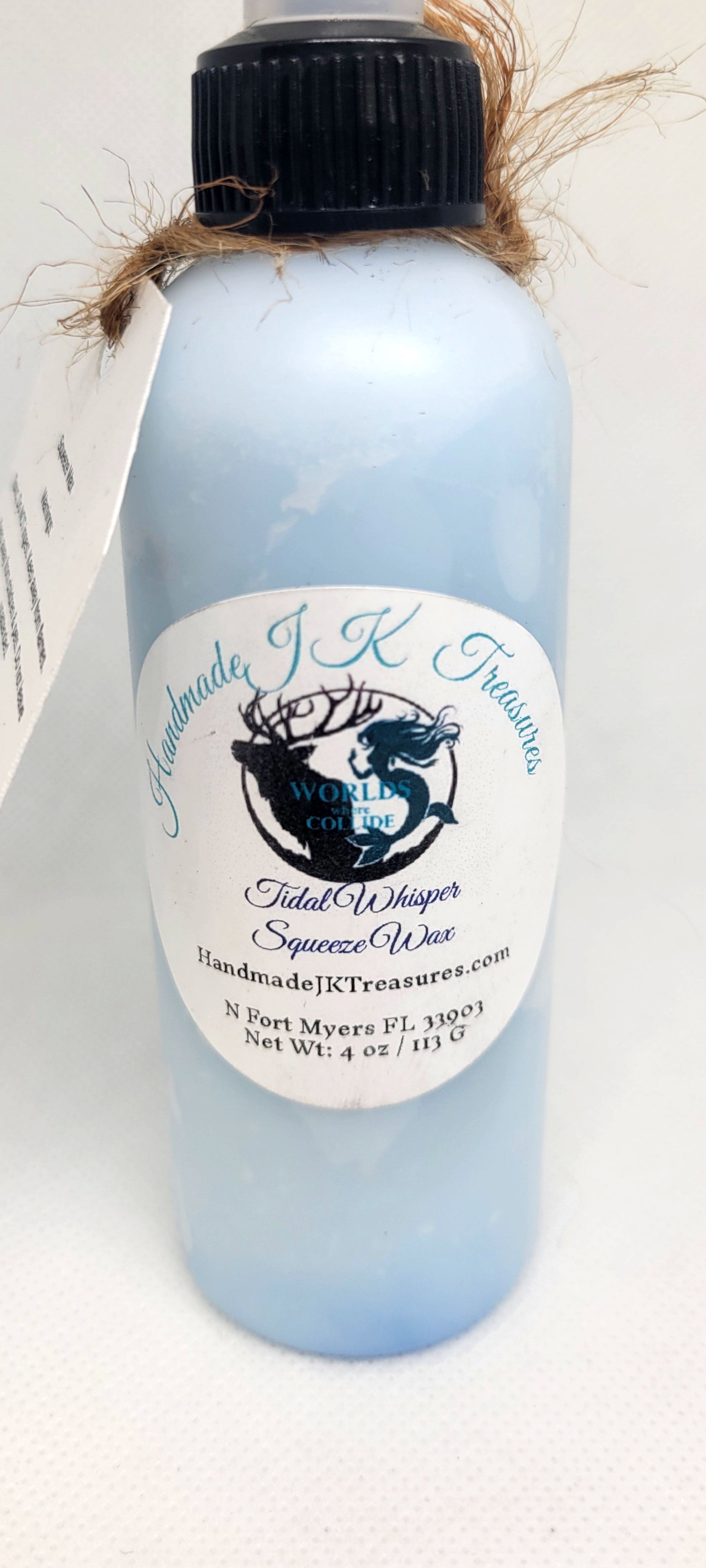 Bottle of Tidal Whispers Squeeze Wax with a label on a white background