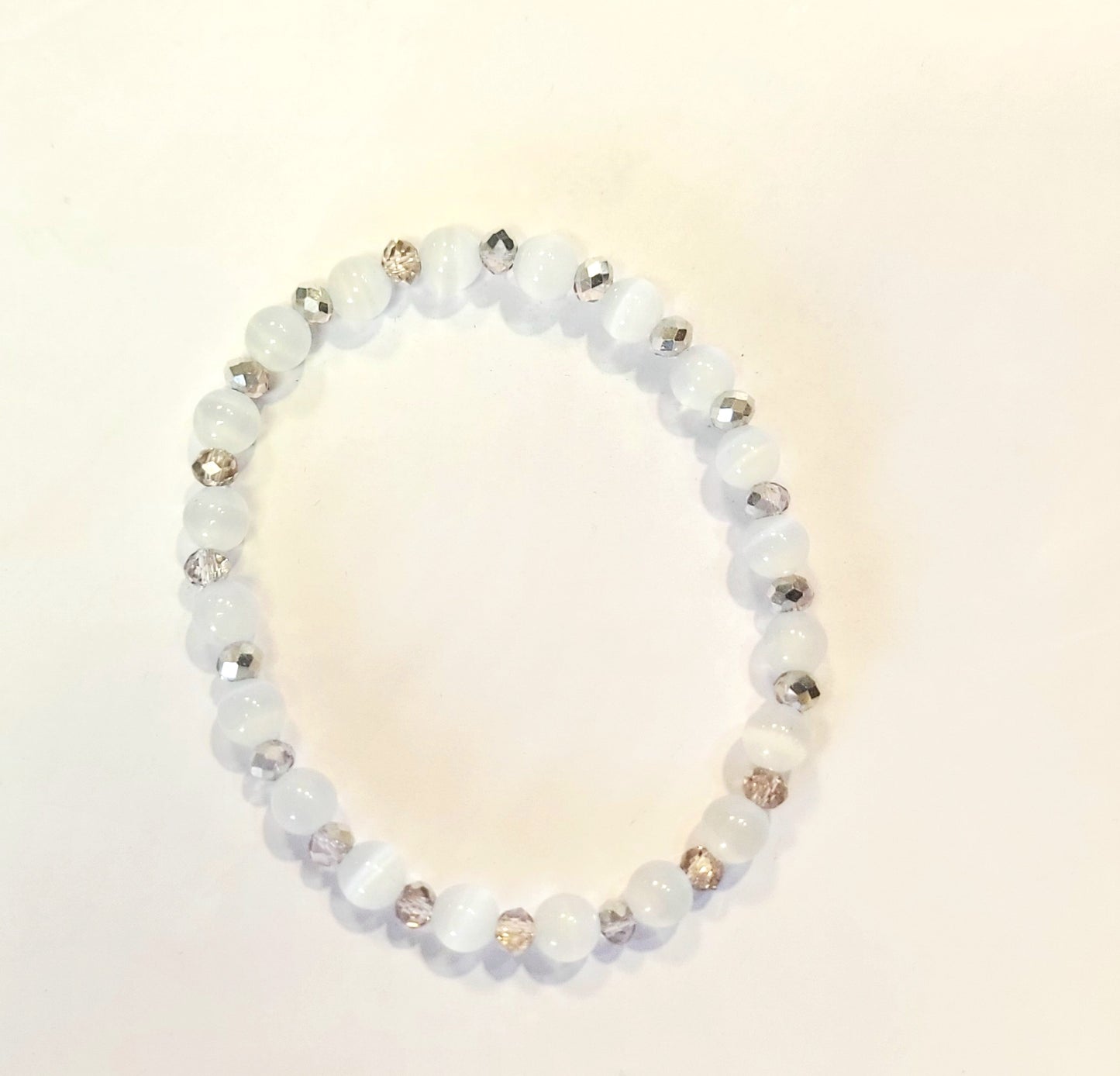 Genuine Selenite Crystal Bracelet with Pink Faceted Spacers – Energy Cleansing Stretch Bracelet