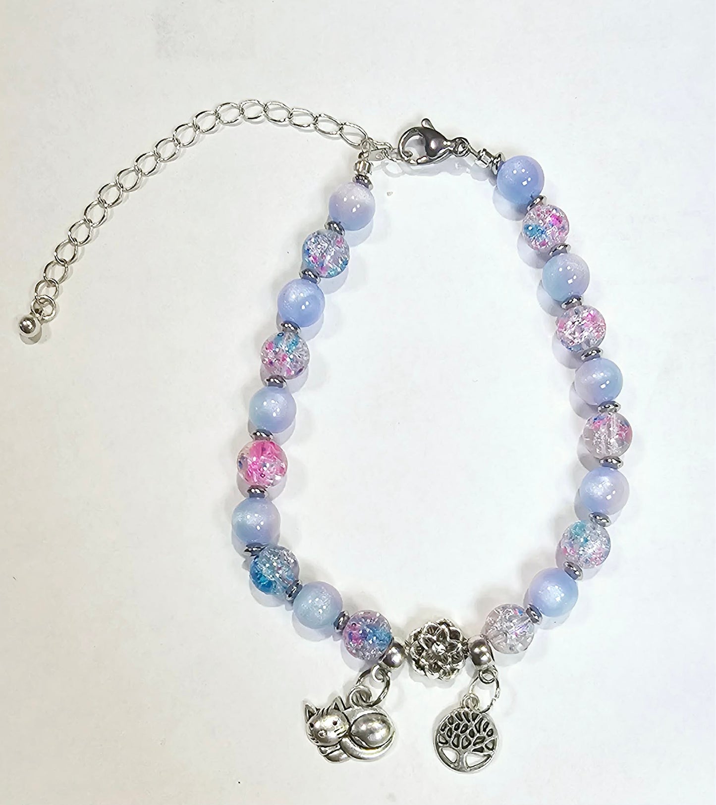 Custom Order Baby Blue & Pink Nature-Inspired Adjustable Beaded Bracelet