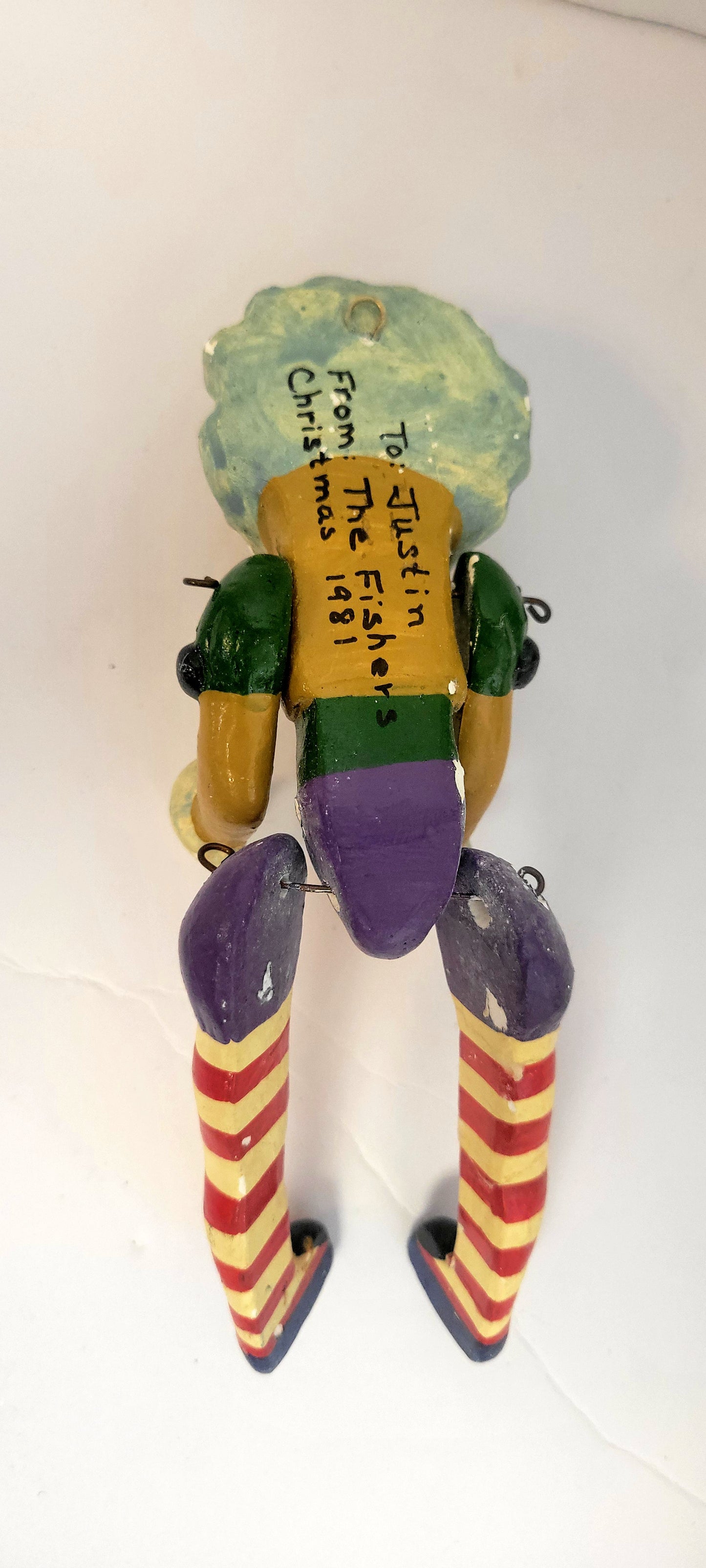Vintage Made in Taiwan Handpainted Jointed Clown Ornament striped ball ornament