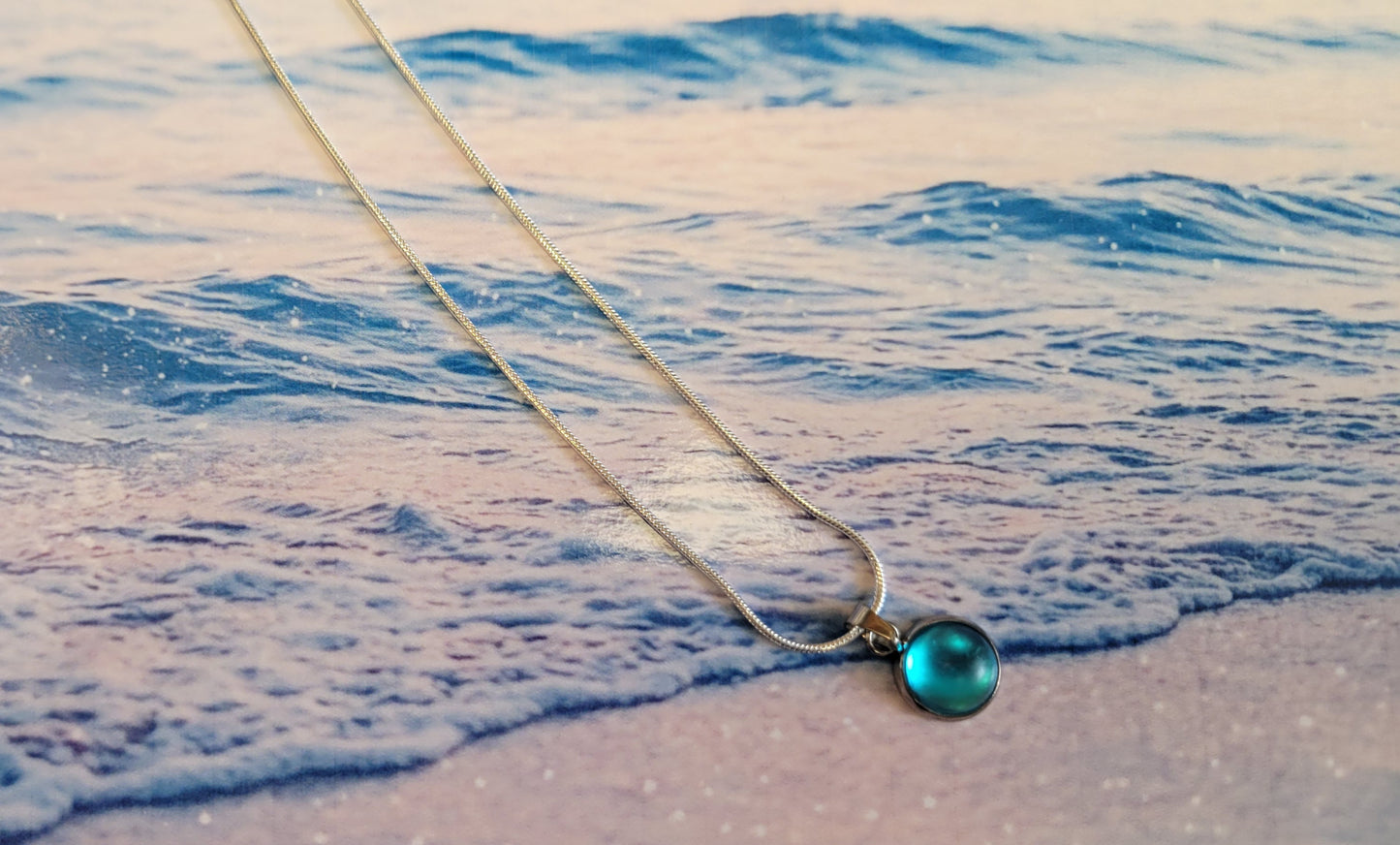 Sea Blue crystal Sea Glass rhinestone 925 stamped sterling silver necklace