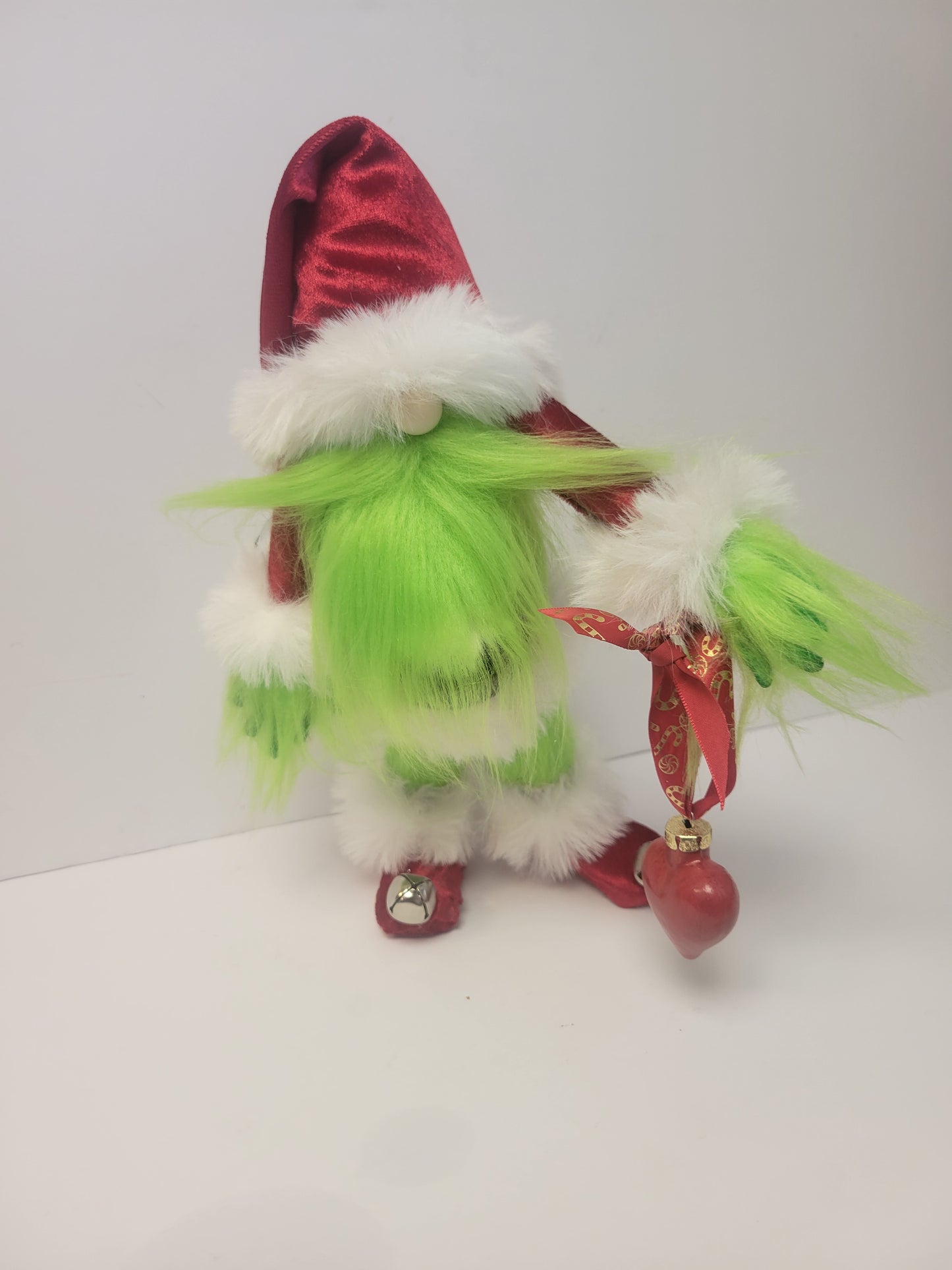 Grinch Santa Gnome, 18.5" Holiday Decor, Luxury Velvet & Faux Fur with Hand-Painted Heart Ornament