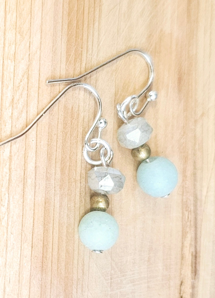 Genuine Amazonite & Faceted Glass Beaded Drop Earrings