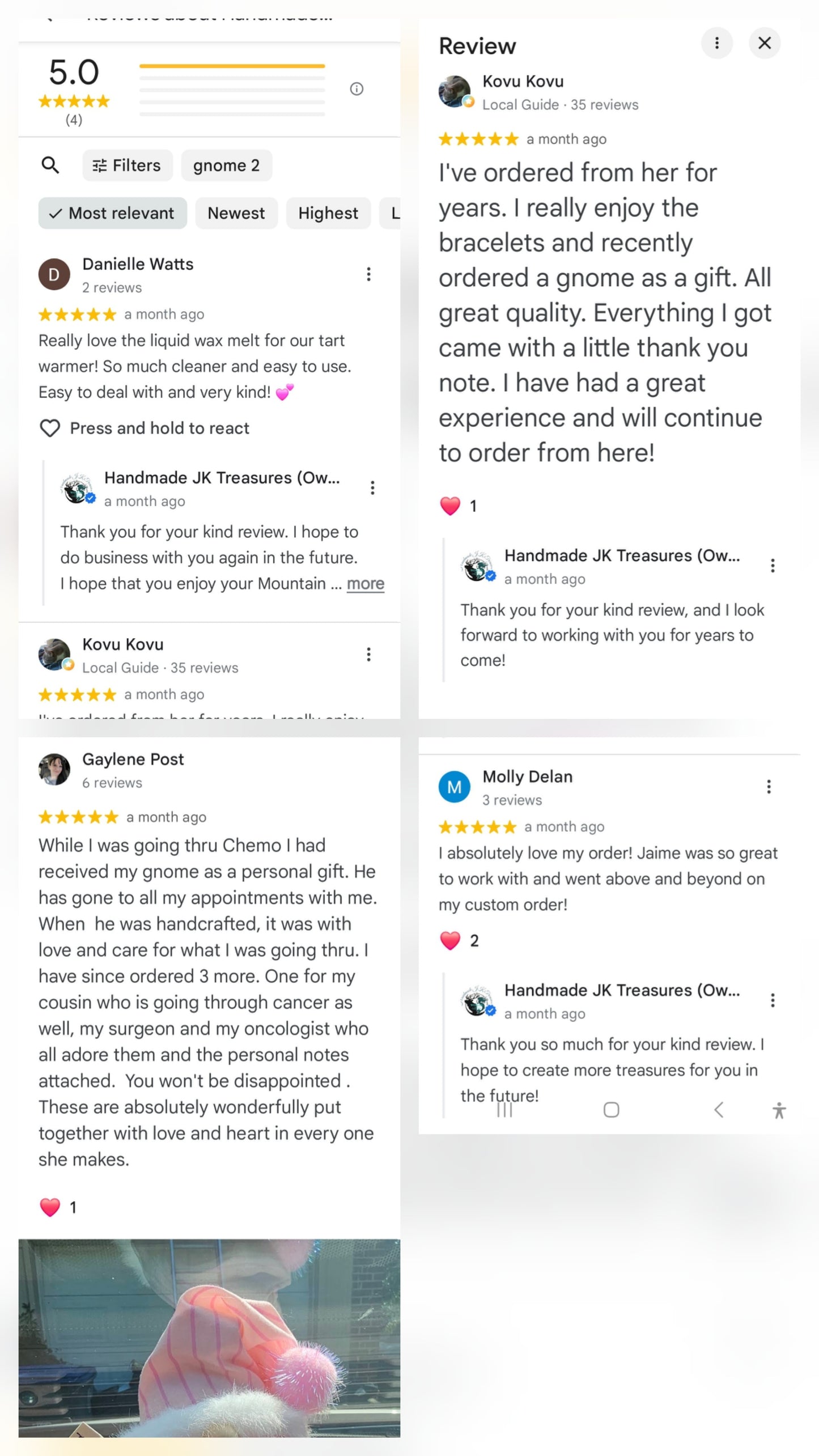 Google Reviews Product reviews on Handmade JK Treasures website with user comments and ratings.